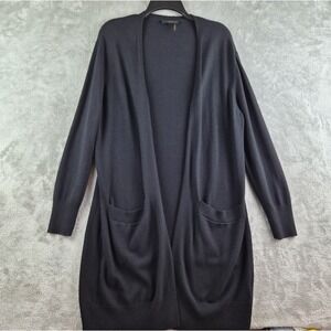 Donna Karan New York Cardigan Large Black Silk Wool Blend Open Front Longline